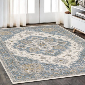 5' X 8' Blue And Ivory Medallion Distressed Area Rug With Fringe