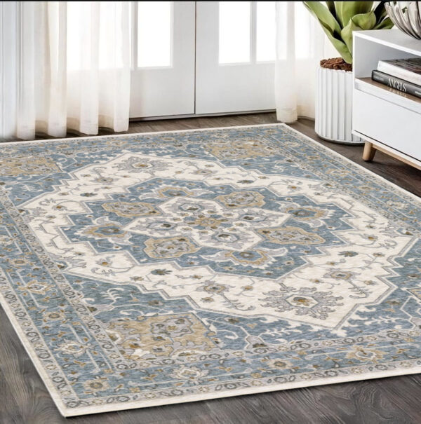 5' X 8' Blue And Ivory Medallion Distressed Area Rug With Fringe