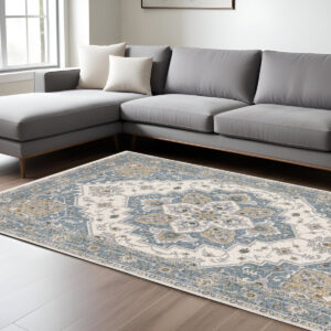 7' X 10' Blue And Ivory Medallion Distressed Area Rug With Fringe