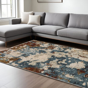 10' X 13' Beige Rust And Teal Abstract Distressed Area Rug With Fringe