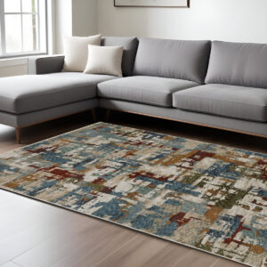8' X 11' Beige Rust And Teal Abstract Distressed Area Rug With Fringe