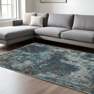 10' X 13' Blue And Gray Abstract Distressed Area Rug With Fringe