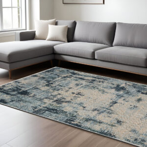 8' X 11' Beige And Blue Abstract Distressed Area Rug With Fringe