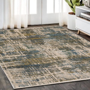 5' X 8' Blue And Gold Abstract Distressed Area Rug With Fringe