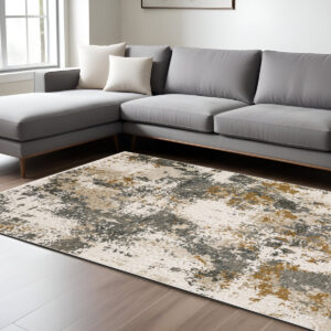 8' X 11' Beige And Gray Abstract Distressed Area Rug With Fringe