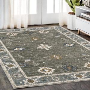5' X 8' Blue Ivory And Gray Oriental Area Rug