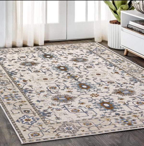 5' X 8' Ivory Burnt Orange And Blue Oriental Area Rug