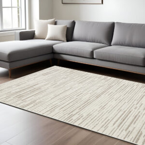 7' X 10' Ivory And Brown Striped Distressed Area Rug