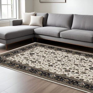 7' X 10' Ivory Oriental Area Rug With Fringe