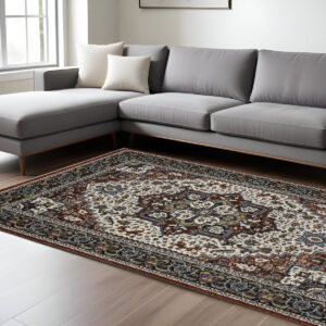 7' X 10' Red Black And White Medallion Area Rug With Fringe