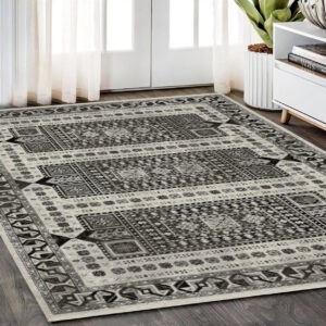 5' X 8' Ivory And Charcoal Oriental Area Rug With Fringe