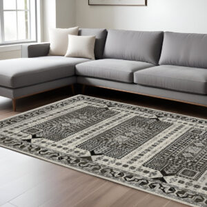 8' X 11' Ivory And Charcoal Oriental Area Rug With Fringe