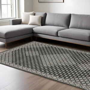 7' X 10' Black And Gray Diamond Area Rug With Fringe