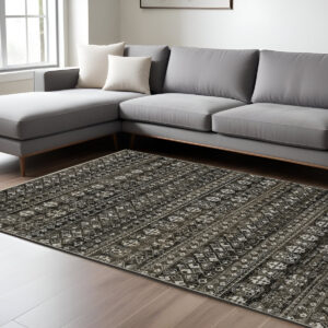 10' X 13' Black And Gray Tribal Area Rug With Fringe