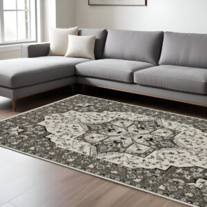 8' X 11' Ivory And Gray Medallion Area Rug With Fringe