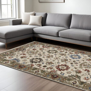 7' X 10' Ivory And Green Oriental Area Rug With Fringe