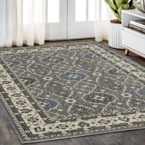 5' X 8' Blue And Gray Oriental Area Rug With Fringe