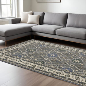 7' X 10' Blue And Gray Oriental Area Rug With Fringe
