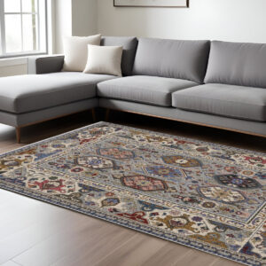 10' X 13' Blue And Gray Oriental Area Rug With Fringe