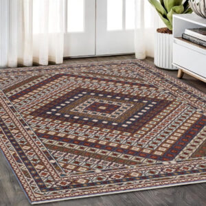 5' X 8' Ivory Red And Tan Diamond Area Rug With Fringe