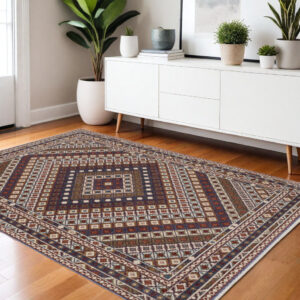 4' X 6' Ivory Red And Tan Diamond Area Rug With Fringe