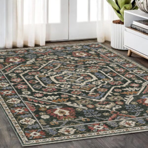 5' X 8' Green And Pink Floral Area Rug With Fringe