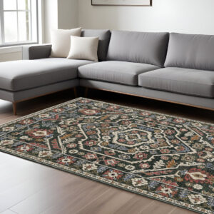 8' X 11' Green And Pink Floral Area Rug With Fringe