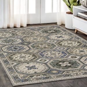 5' X 8' Ivory And Blue Medallion Area Rug With Fringe