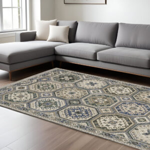 8' X 11' Ivory And Blue Medallion Area Rug With Fringe