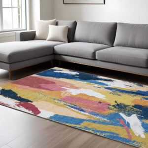 8' X 10' Blue And Gold Abstract Distressed Area Rug