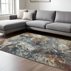 8' X 10' Blue And Rust Abstract Distressed Area Rug