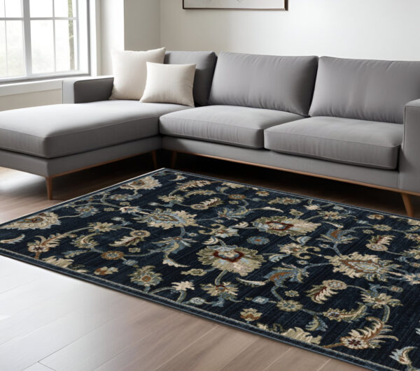 10' X 13' Dark Blue Tan And Green Oriental Area Rug With Fringe
