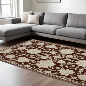 7' X 10' Beige Floral Area Rug With Fringe
