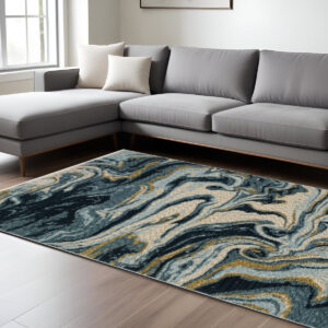 10' X 13' Navy Blue And Teal Abstract Area Rug With Fringe