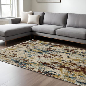 10' X 13' Beige Rust And Light Blue Abstract Distressed Area Rug With Fringe