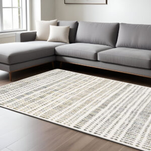8' X 11' Ivory Gold And Gray Striped Area Rug