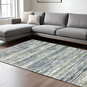 8' X 11' Blue And Green Striped Distressed Area Rug