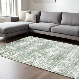 7' X 10' Green And Ivory Abstract Area Rug