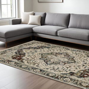 7' X 10' Ivory Brown And Red Medallion Area Rug With Fringe