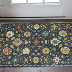 2' X 3' Blue And Gold Oriental Area Rug With Fringe