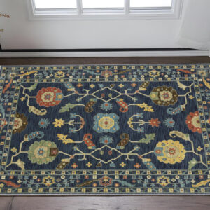 2' X 3' Blue And Gold Oriental Area Rug With Fringe