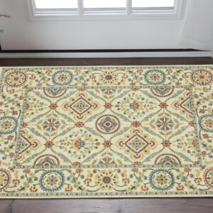 2' X 3' Ivory Orange And Blue Oriental Area Rug With Fringe