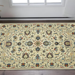 2' X 3' Ivory Blue And Orange Oriental Area Rug With Fringe