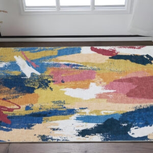 2' X 3' Blue And Gold Abstract Distressed Area Rug