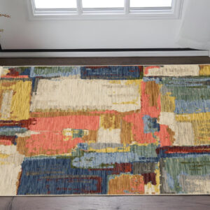 2' X 3' Pink Blue And Yellow Abstract Area Rug With Fringe