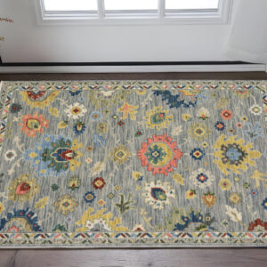 2' X 3' Gray Blue And Yellow Oriental Area Rug With Fringe