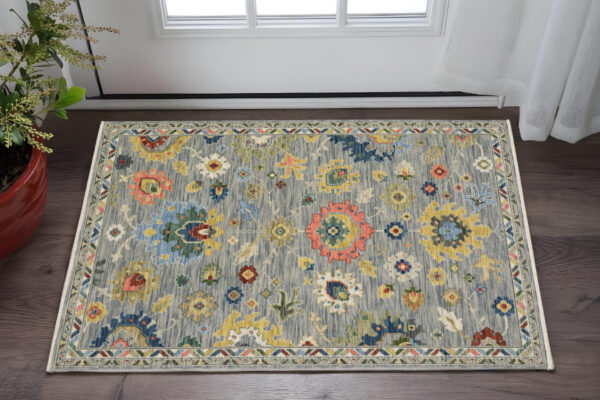 2' X 3' Gray Blue And Yellow Oriental Area Rug With Fringe