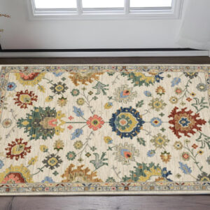 2' X 3' Ivory Red And Blue Oriental Area Rug With Fringe