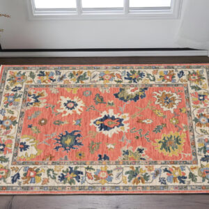 2' X 3' Salmon Blue And Yellow Oriental Area Rug With Fringe