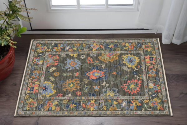 2' X 3' Gray Yellow And Blue Oriental Area Rug With Fringe